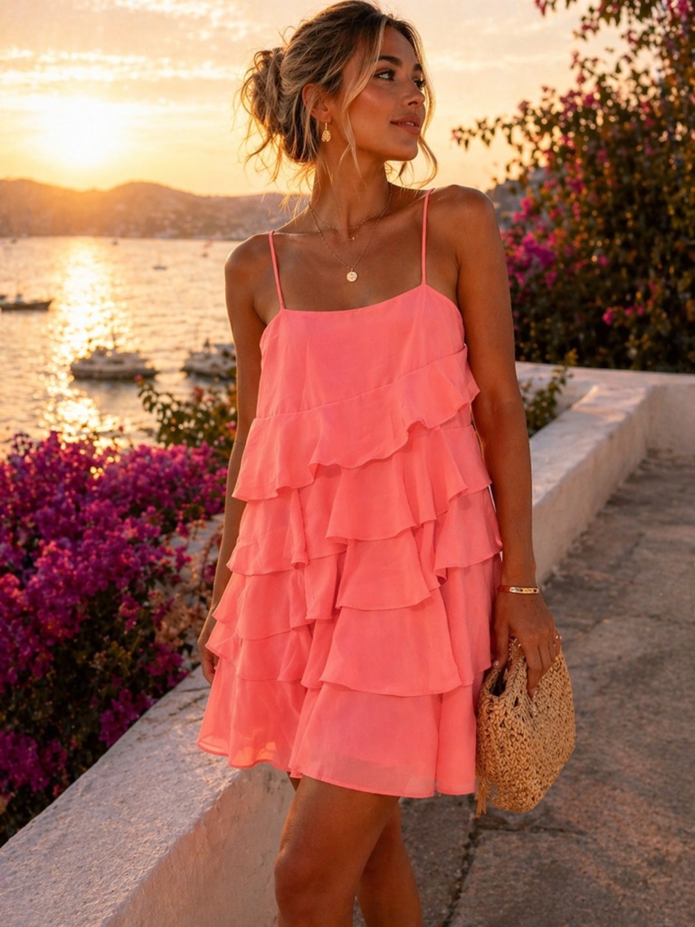 Lavender Brown Coral Ruffle Tiered Mini Dress NWT Size S Flowy Party. MSRP $188